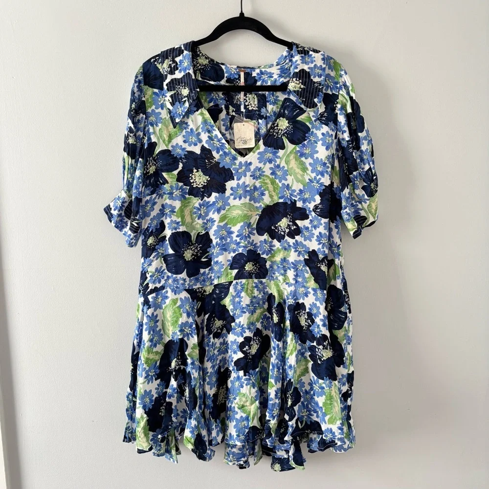 Free People NWT Moon Chaser Mini Dress Floral Print Short Puff Sleeves Blue
